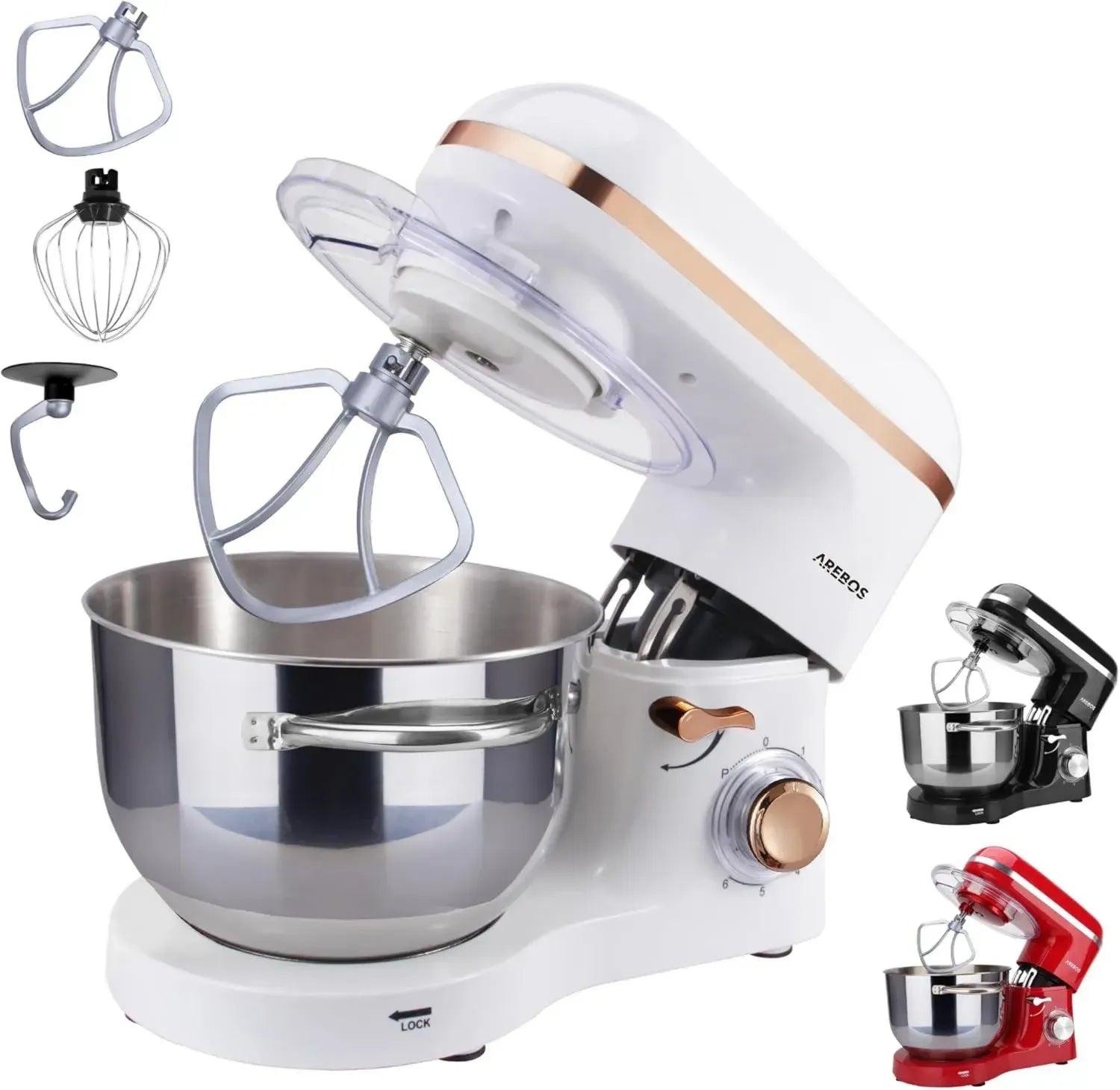 Arebos Küchenmaschine 1500W, 6L Edelstahlschüssel, Weiß-Roségold, inkl. Zubehör, 6 Geschwindigkeiten